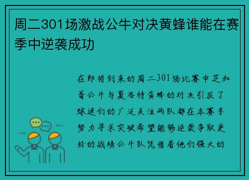周二301场激战公牛对决黄蜂谁能在赛季中逆袭成功